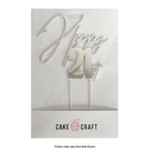 Happy 21st Metal Cake Topper - Silver - Click Image to Close